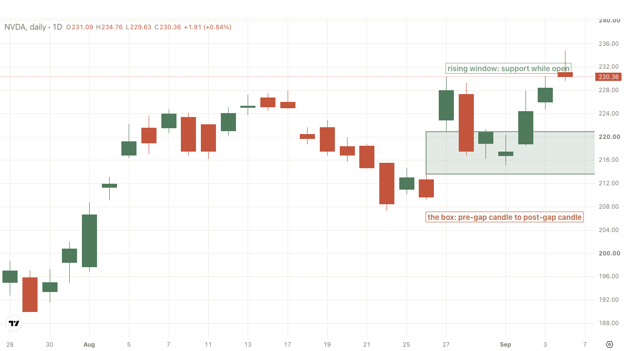 NVDA daily chart with an open rising window drawn as a box acting as support